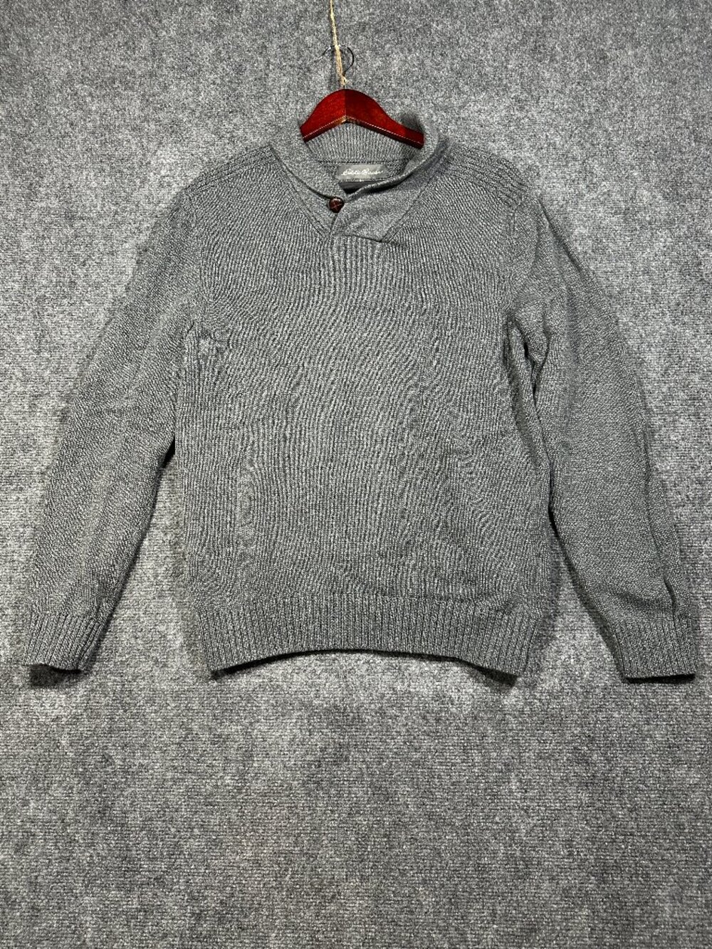 Eddie Bauer Sweater Mens Medium Gray  Cotton Button Ribbed Cuffs Hem Pullover